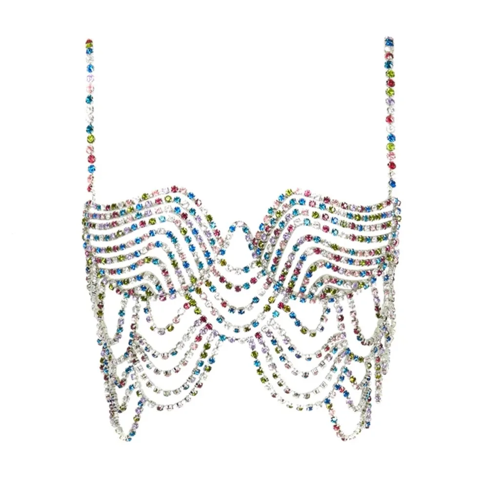 European And American Corrugated Rhinestone Chest Chain Sexy Crystal Mixed Color Bra Bikini Beach Body Accessory Body Chain