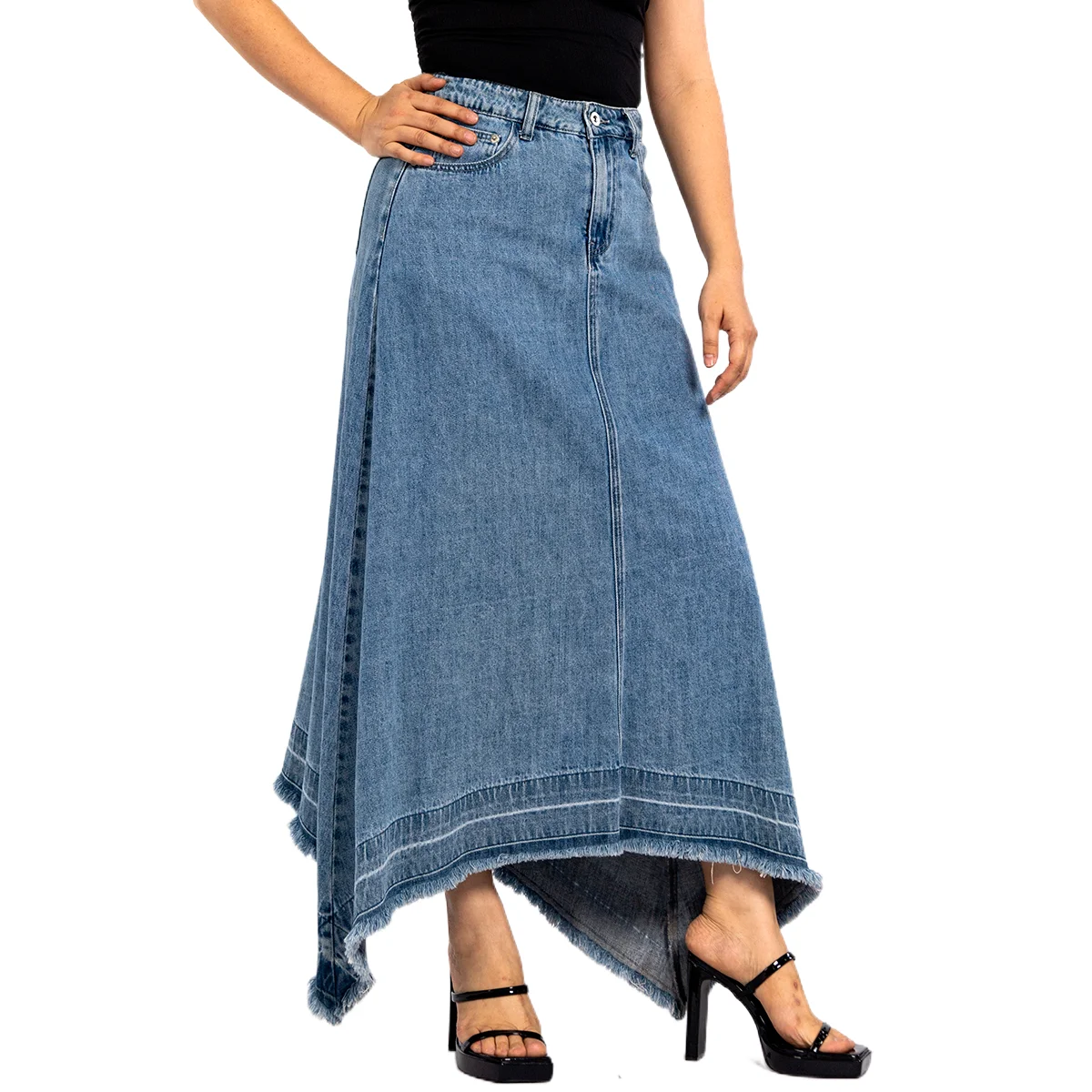 Factory Sale Vintage Asymmetrical Skirt Design Fashion High Waist Raw Edge Long Denim Skirt for Women Fall 2023
