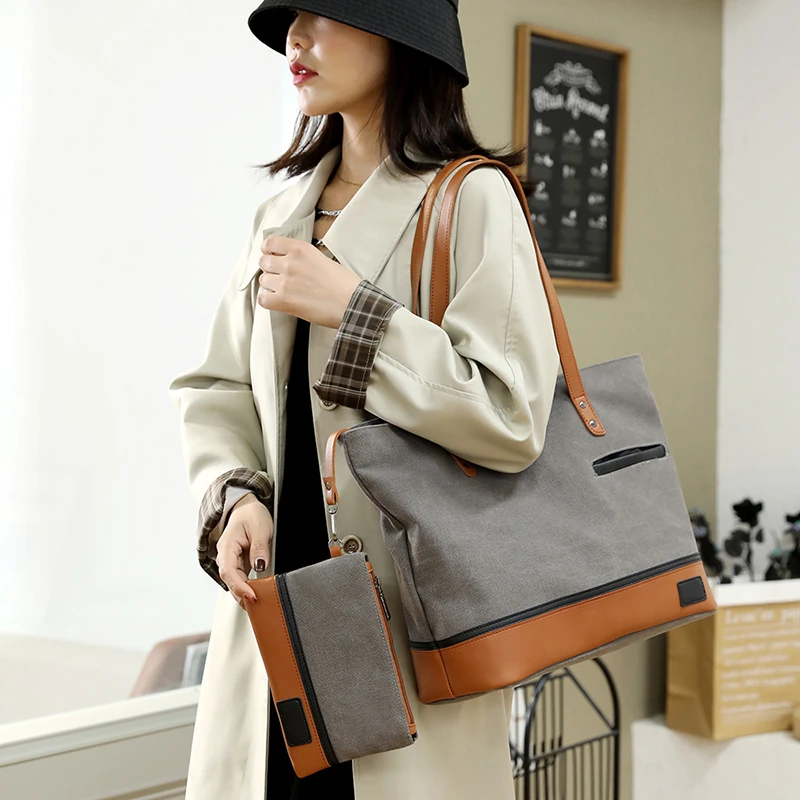 Custom outdoor nice fashion canvas beach bag with leather straps large canvas tote bag with clutch