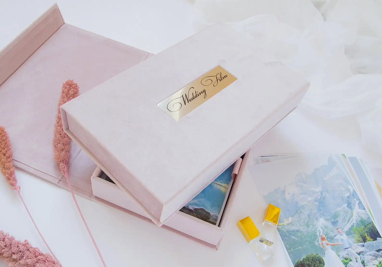 OEM Velvet Photographer Wedding Prints Packaging 4*6 5x7  6*8 Linen Foto Paper Photo Velvet Linen Box For Glass USB Flash Drive