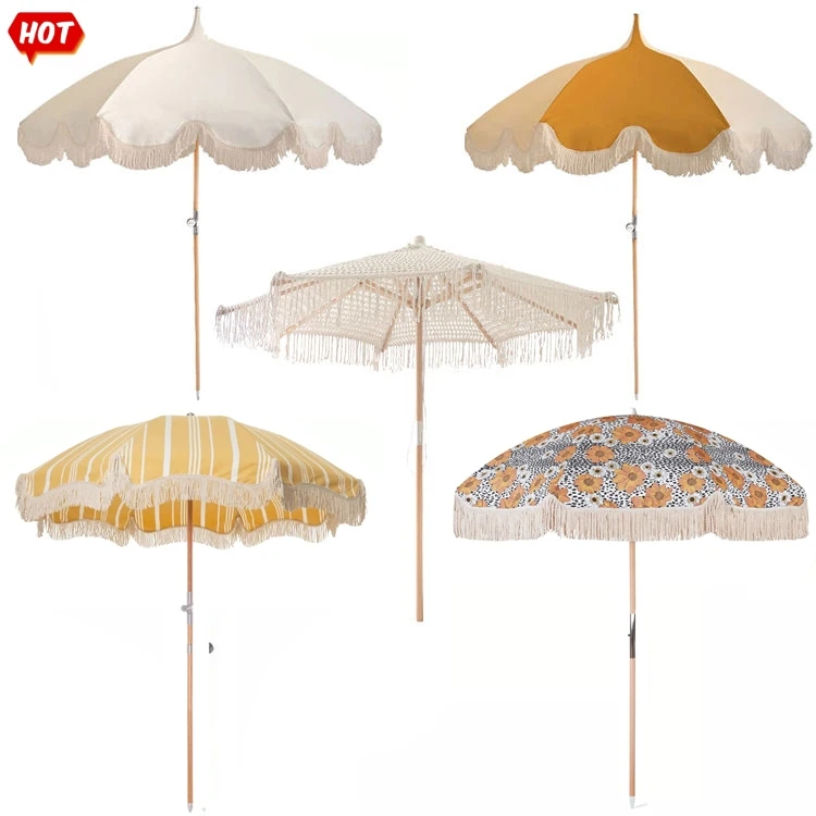 BR Wholesale Custom Vintage Boho Pagoda Sun Beach umbrella Outdoor with Tassels, Wooden Pole Big Patio Garden Parasols Furniture