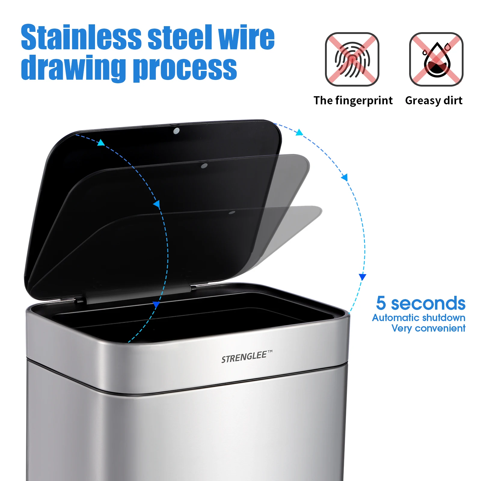 60L Rectangular Design Stainless Steel Smart Garbage Can with Soft-Close Lid Vibration Sensor for High-Volume Waste Management