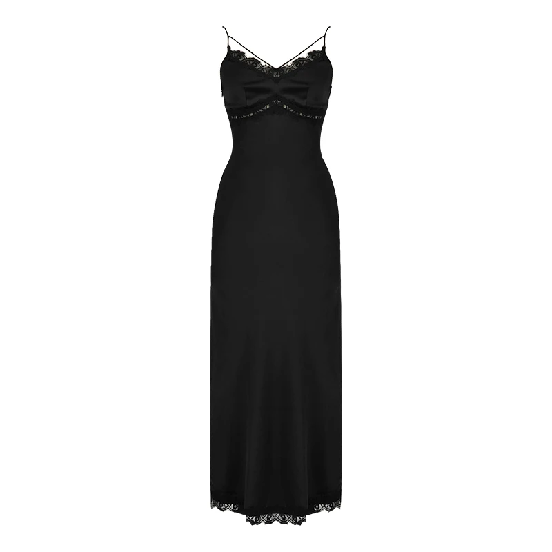 ZYHT 9660 Long Sexy One Piece Cami Black Satin Lace Luxury Elegant Party Formal Mermaid Gowns Prom Evening Dresses for Women