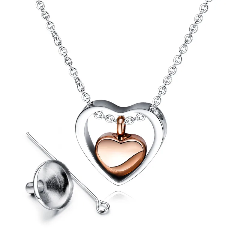 Wholesale titanium metal necklace double heart pet ashes urn necklace cremation urn necklace