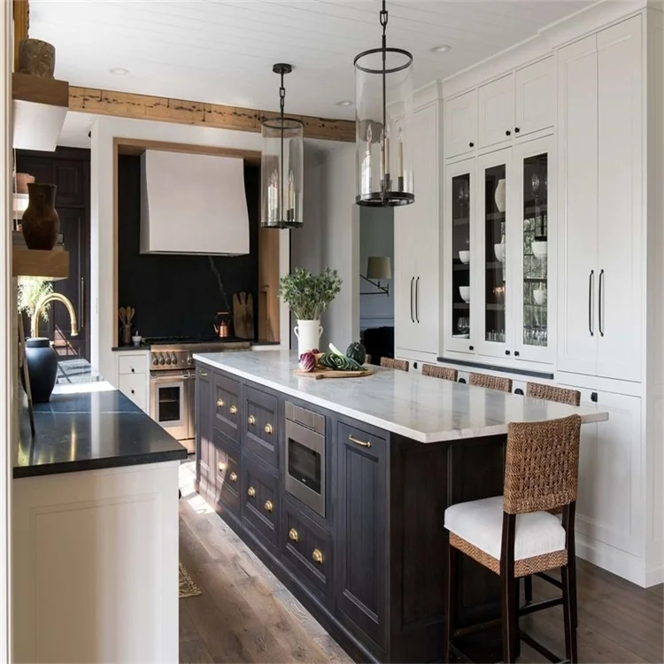 Luxury modular kitchen cabinets with same color series island cabinet and customized counter top