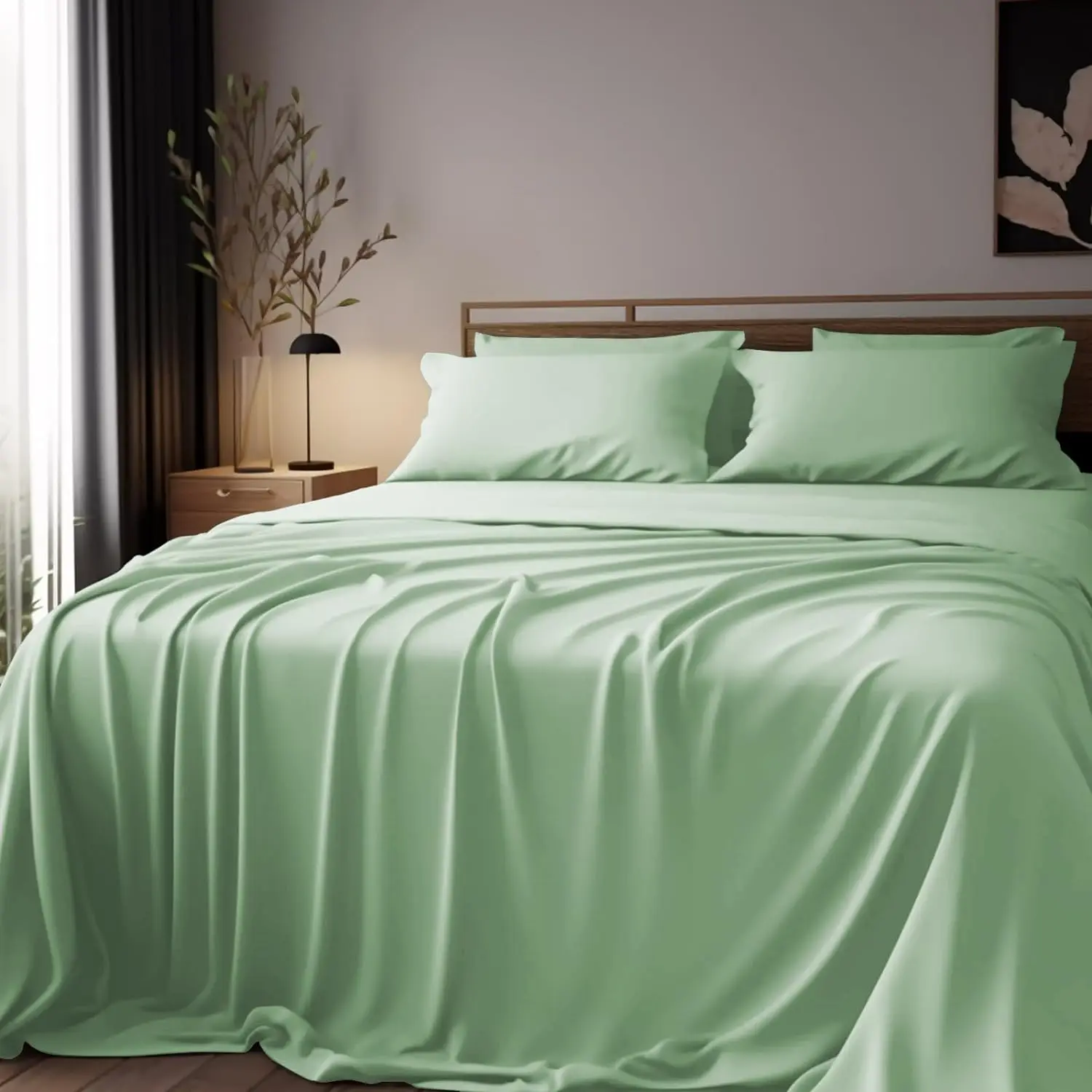 Sage Green luxury bamboo flat/fitted bed sheets sets wholesale with 16 inch deep pocket bed sheet set