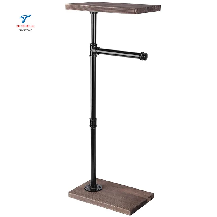 Industrial Bathroom Freestanding Tissue Toilet Paper Holder with Storage Reserve Wood Shelf