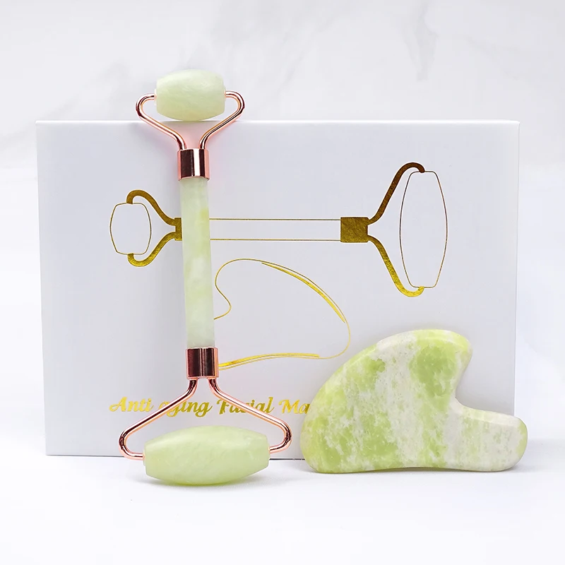 Custom Green Quartz Massager jade roller facial skin roller massager tool gua sha set