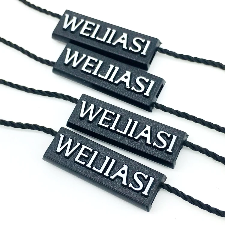 Garment Hang Tag Plastic String Seal Custom Embossed Name Logo Nylon Hangtag Lock Tag Clothing String Garment Tag HangTags