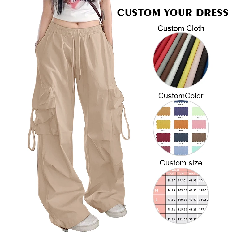 Custom OEM Manufacturer Vintage Pockets High Waist Streetwear baggy Casual ladies Long parachute Cargo Pant for women Trousers