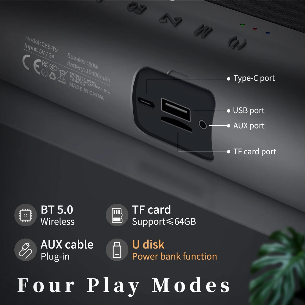 Cyboris TWS 200W Speaker Blue Tooth Portable Power Bank 10400mAh AUX Micro Memory Card Playing Audio Boombox Speakers