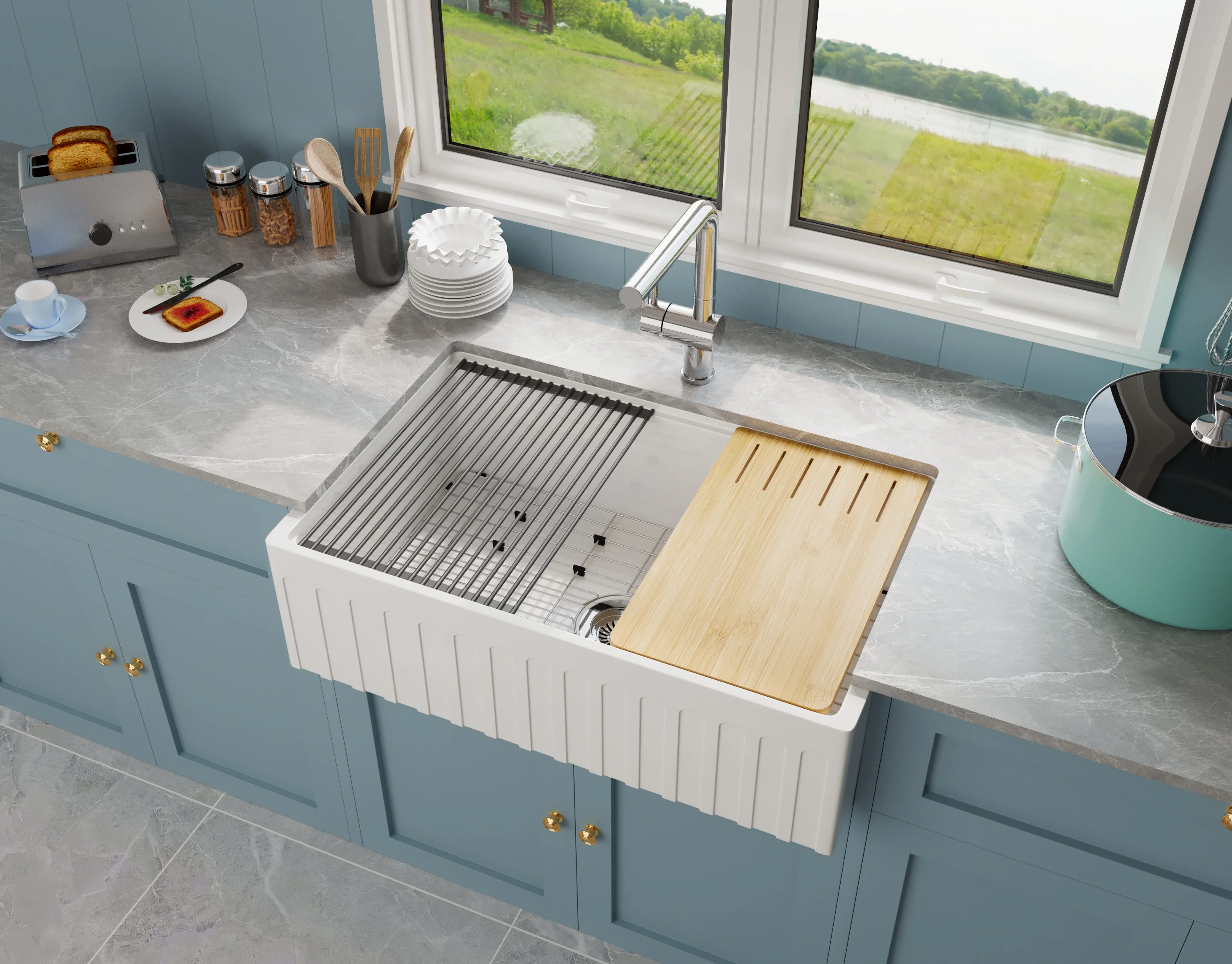 UPC North America Home Unique Design Large Porcelain 33 Inch Apron Front Workstation Farmhouse Sink Fireclay Kitchen Sinks