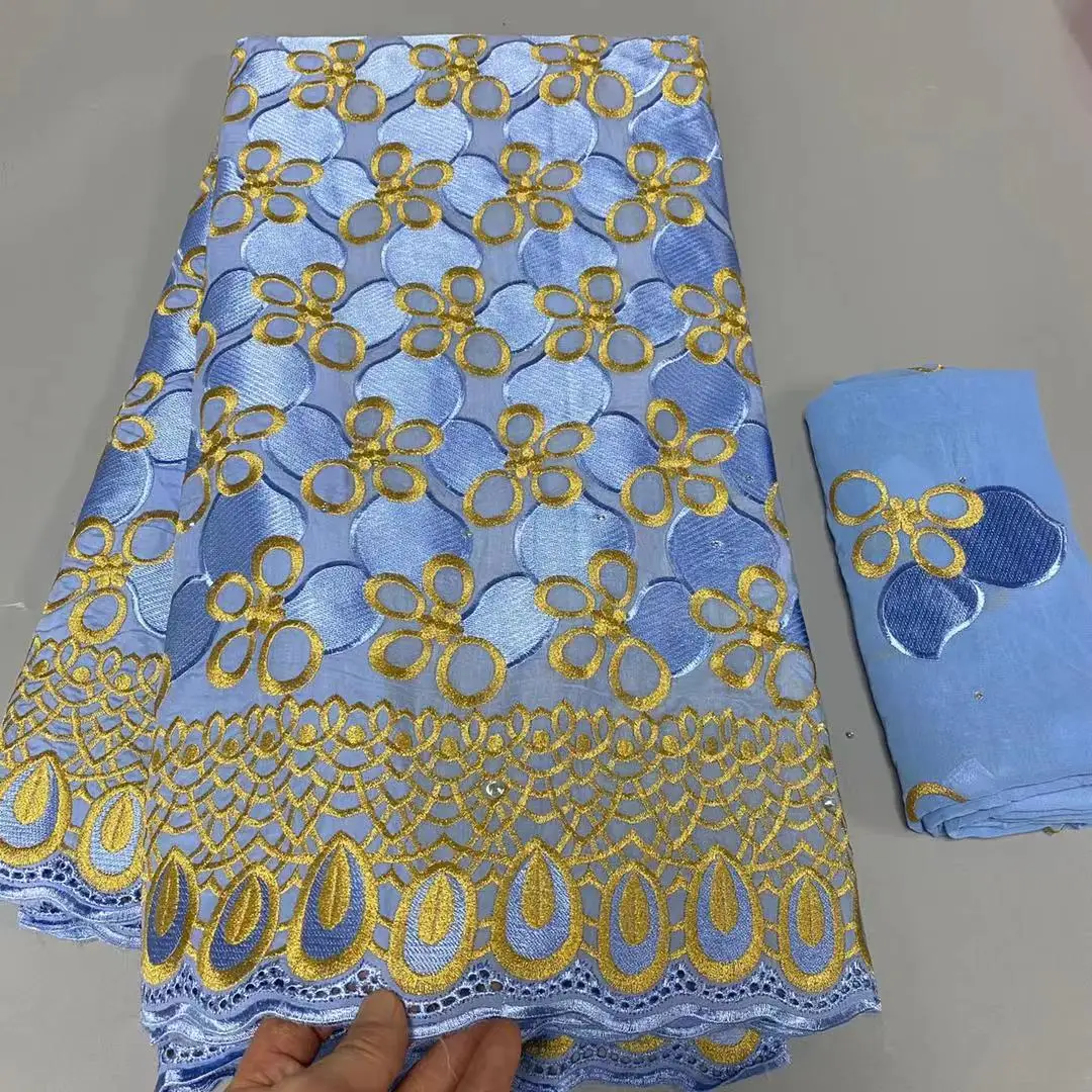 2023 High Quality African 100% Cotton Swiss Voile Lace Fabrics with Stones For Wedding Dress