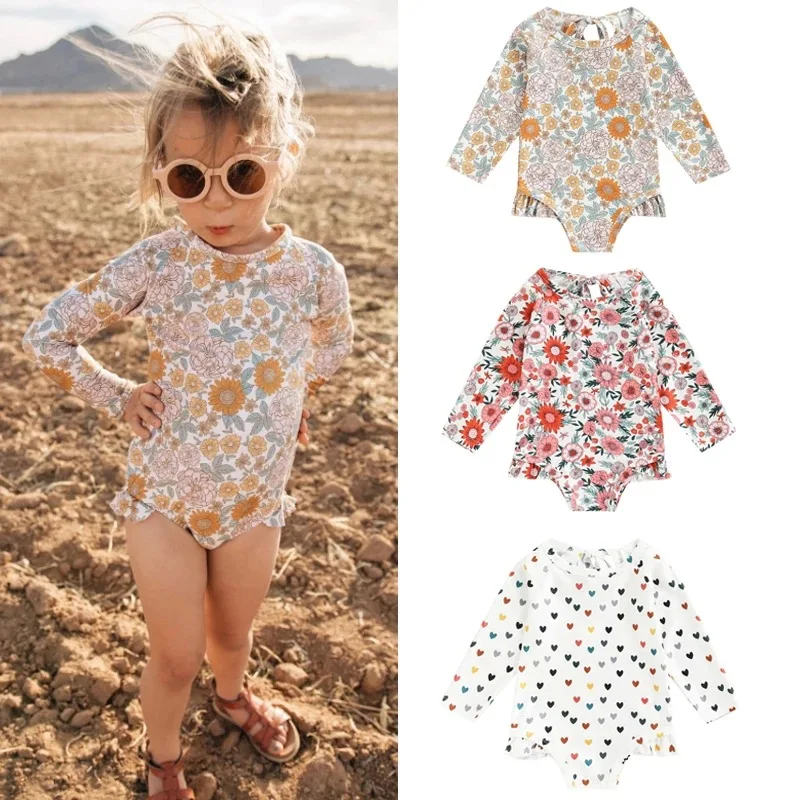 Cute Toddler Baby Girl Swimwear Long Sleeve Infant Bathing Suits Floral Heart Print Ruffle Swimsuit Kids Summer Beachwear