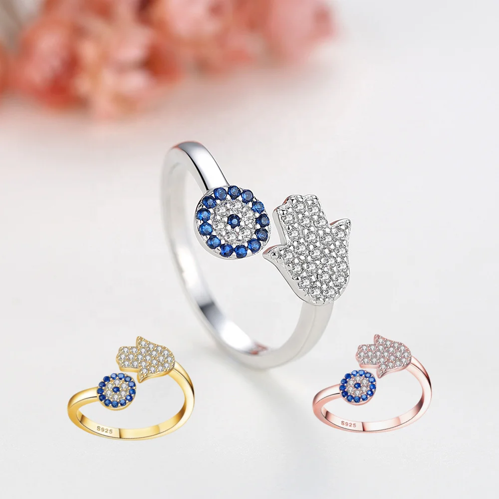 Fine Jewelry 925 Sterling Silver Devil Eye Ring Zircon Blue Hamsa Evil Eye Adjustable Finger 925 Silver Ring for women