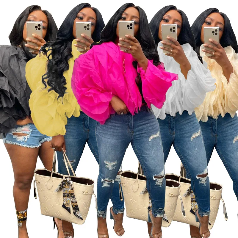 S-5XL Plus Size Long Sleeve Short Top Fashion Women Clothing Patchwork Ruffle Trim Round Neck Shirt Layered Petal Chiffon Blouse