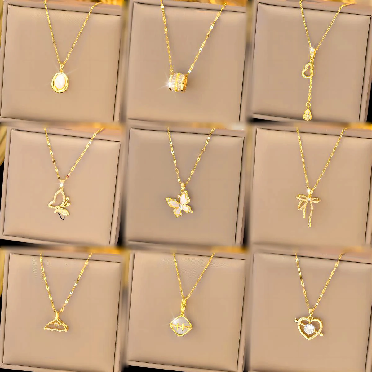 Vintage heart diamond gourd tassel pendant stainless steel necklace creative oil dripping butterfly opal for women necklace