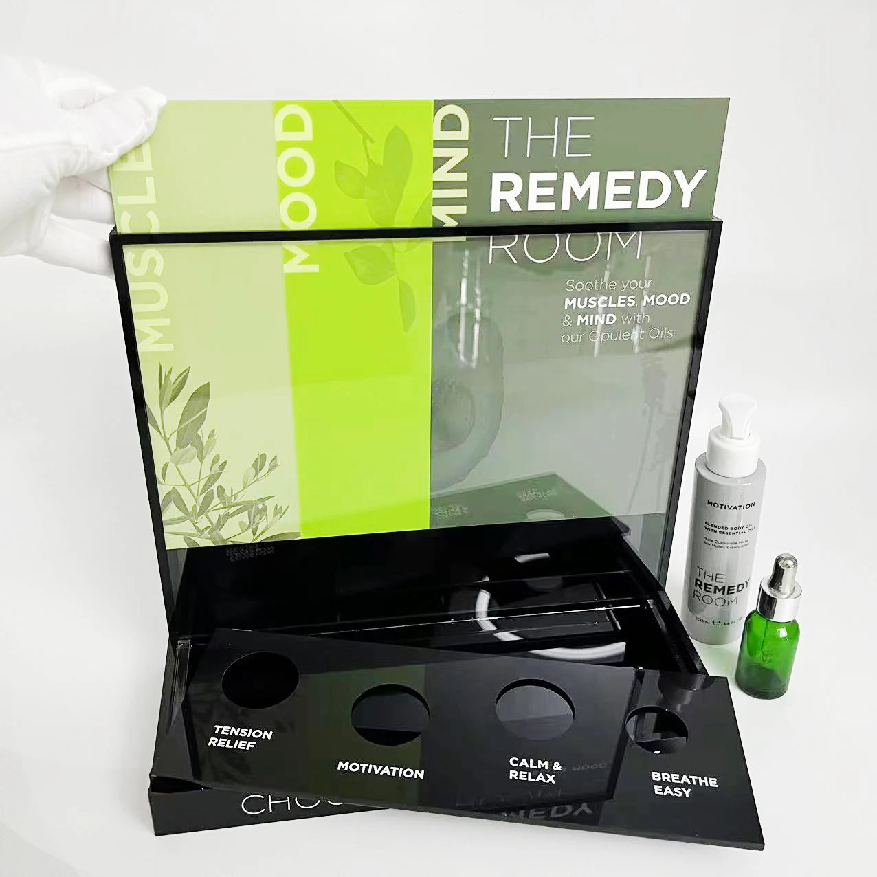 Factory Custom Body Oil Acrylic Display Stand Oil Bottle Display Stand Removable Poster Paper Acrylic Stand