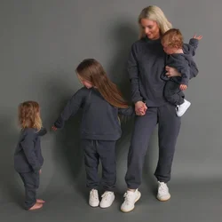 Winter Mommy And Me Tracksuits Loose And Leisure Sweatshirt Sweatpants With Pockets Long Pants Suit Matching Family Outfits