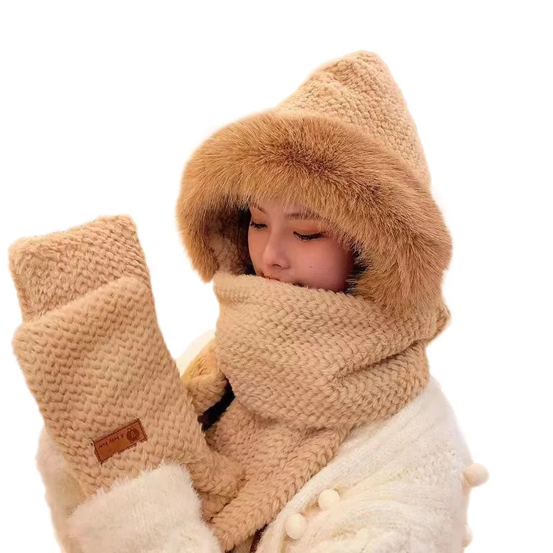 Unisex Winter Fashionable Knitted Multi Color Thermal Hat Durable Luxury Gloves Hat Scarf Set