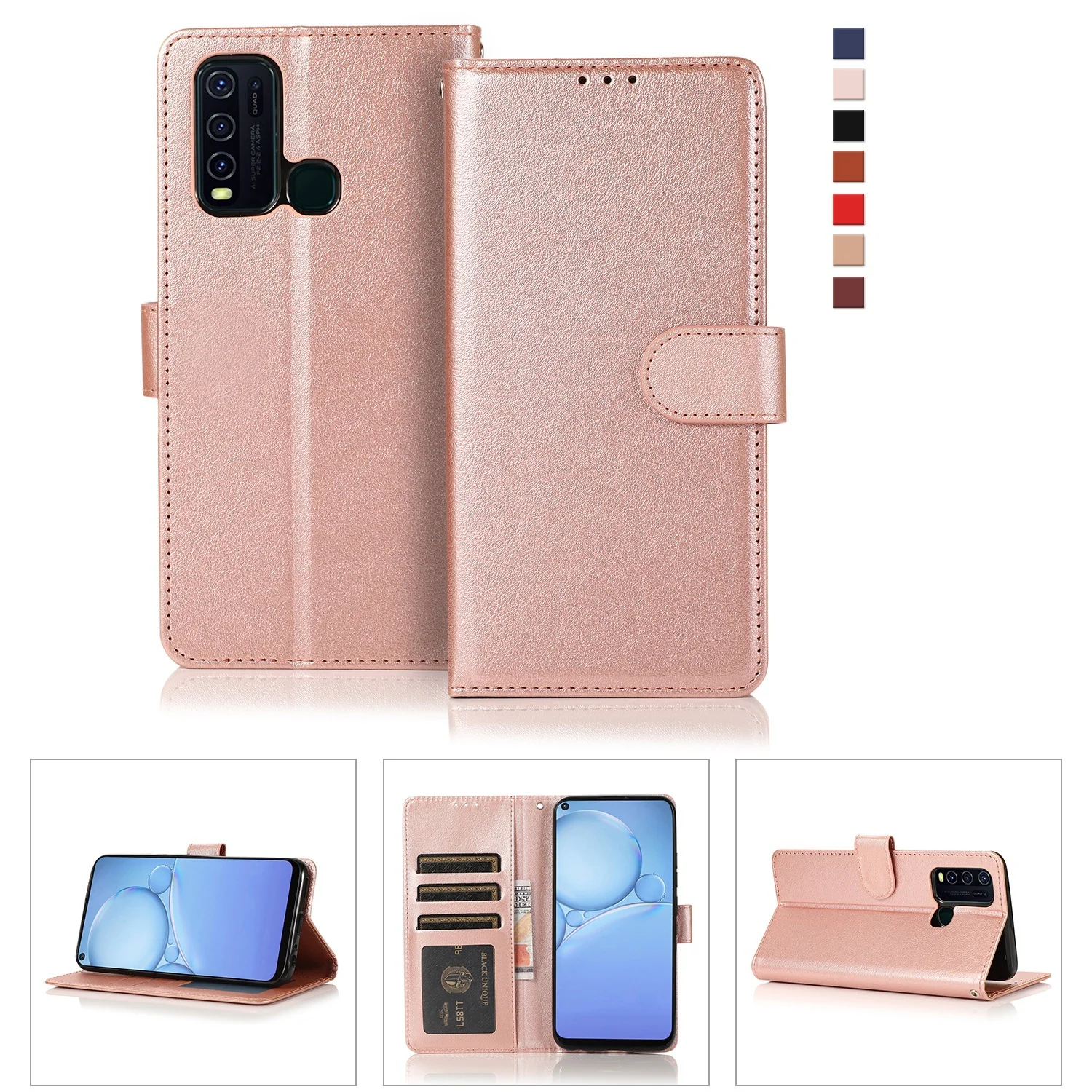 Three card photo frame solid color card flip phone leather case for vivo Y02 Y02S X80 X90 X90 Y16 V25 Y77 IQOO10 10 11 PRO