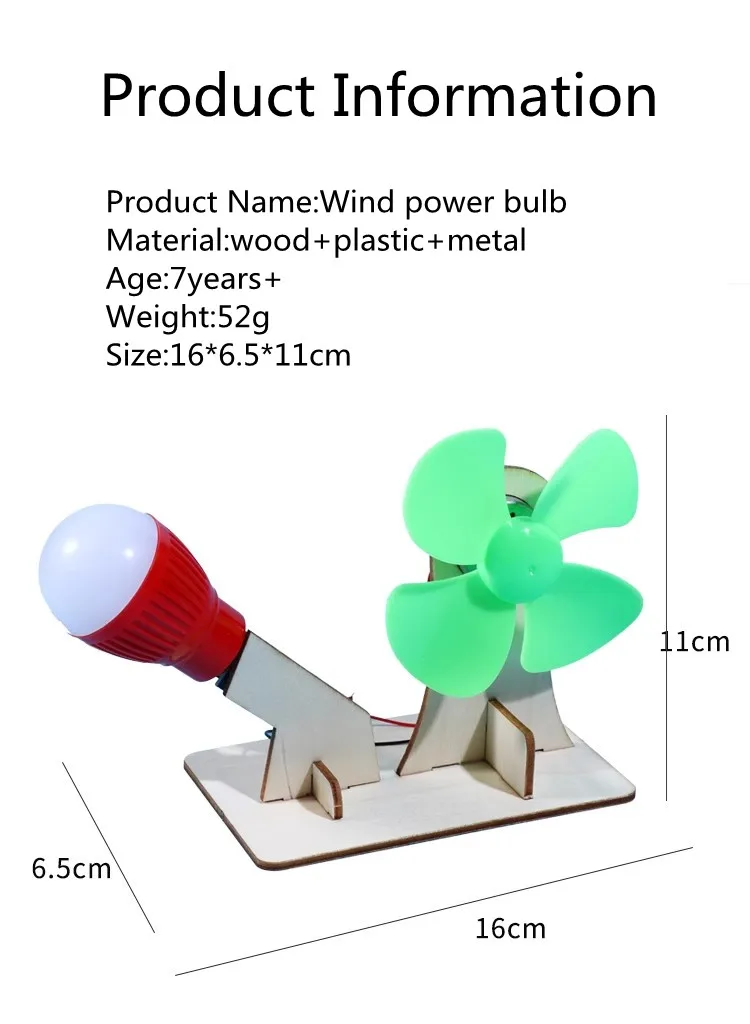 Creative wooden DIY wind power bulb toys steam scientific experiment kits kids toys