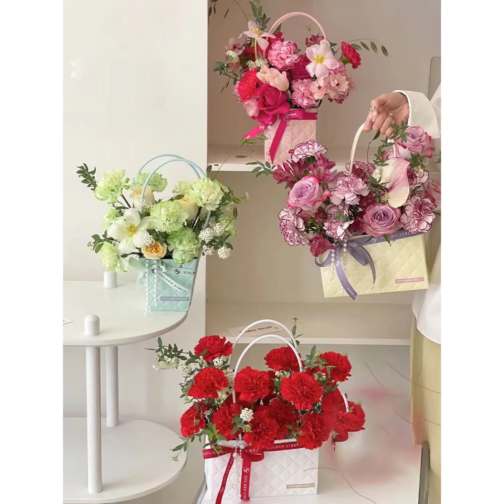 Small Custom Logo Luxury Shopping Tote Flowers Handle Kraft Square Flower Paper Bag