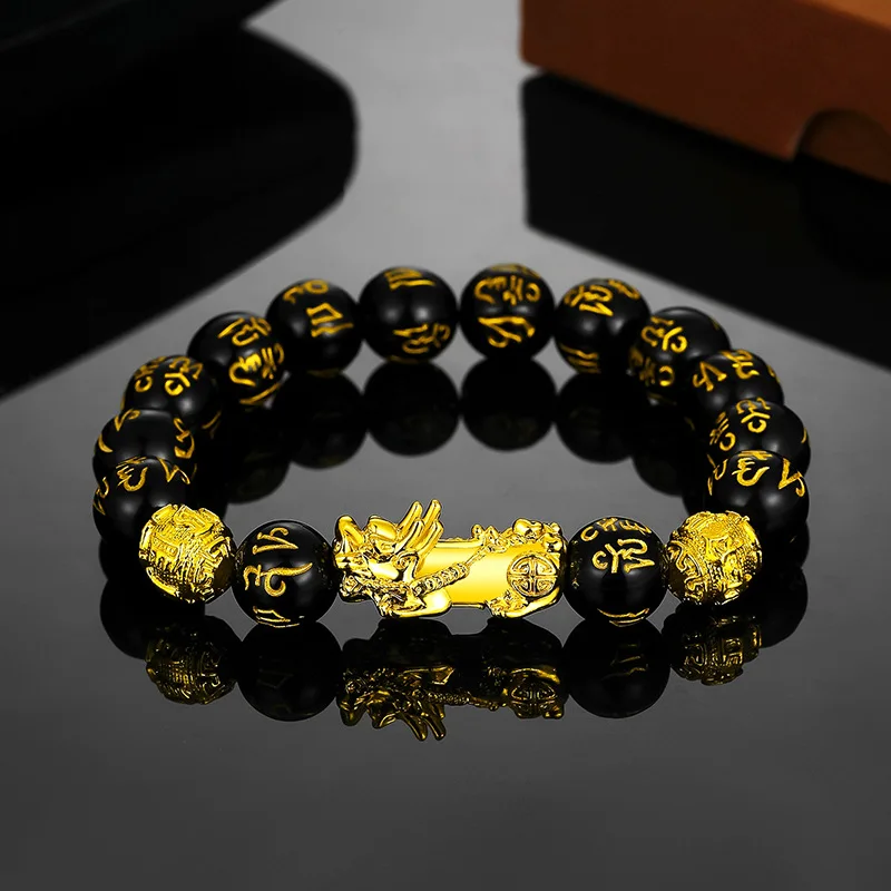 Luxury Charm 12mm Good Luck Buddha Lucky Wealth Pixiu Power Piyao Feng Shui 18K Gold Plated Black Obsidian Bracelet Men Women