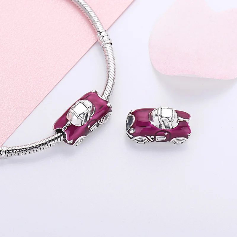  Hot sale dainty 925 sterling silver purple enamel beads car shape charms pendnat for women making
