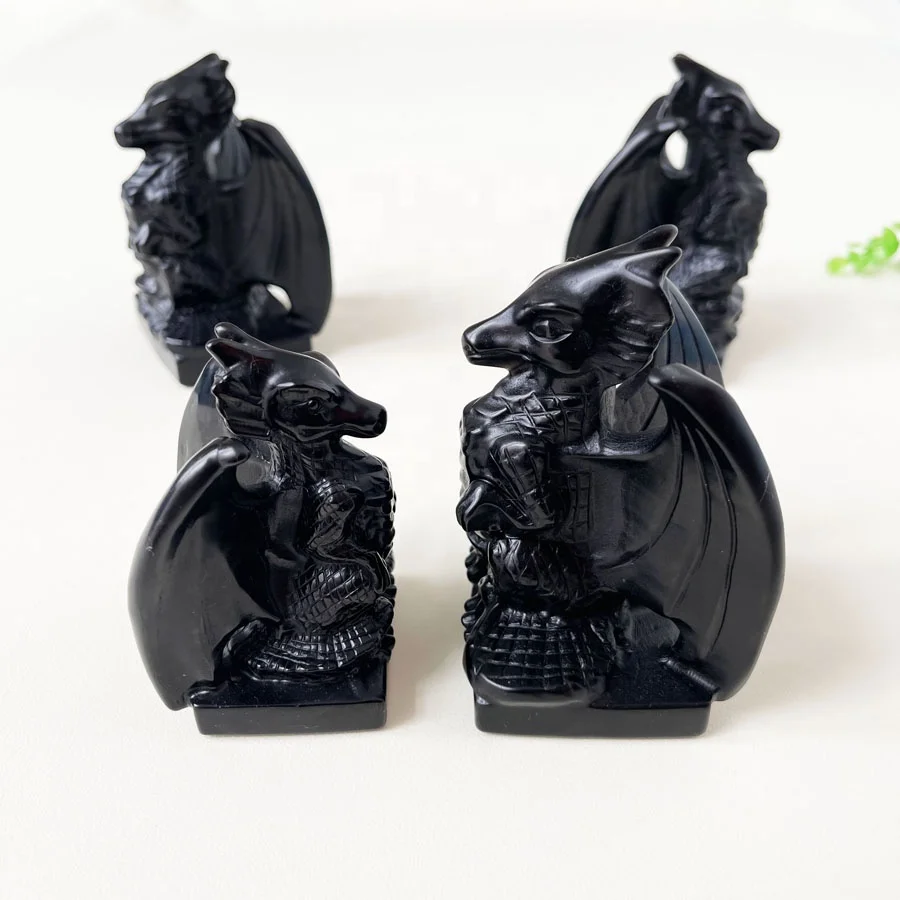 Natural Obsidian Flying Dragon Carved Quartz Crystal Dragon Statue Figures