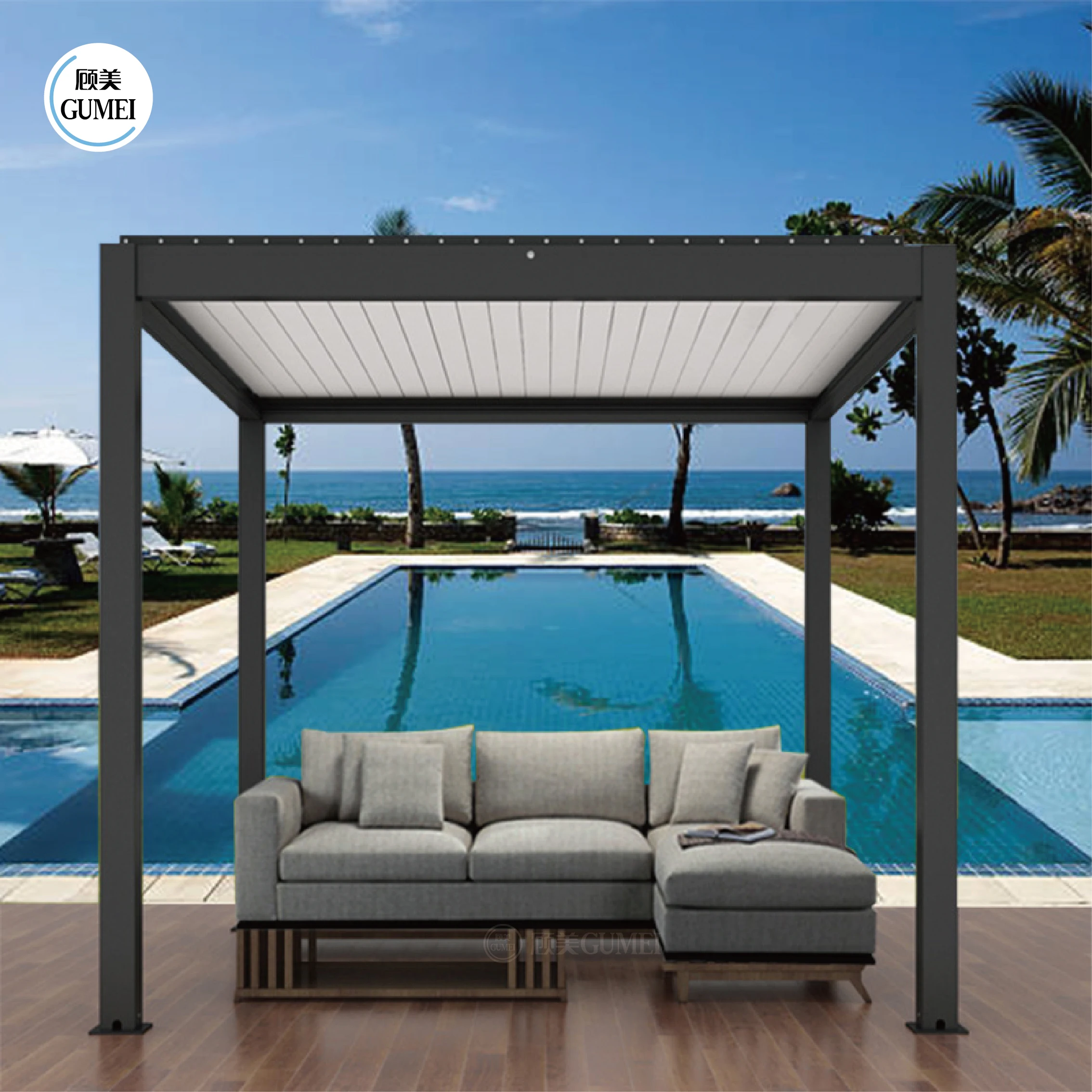 GumeiTec Garden Patio Louvred Roof Free Standing Design Automatic Pergola Covers Aluminium Deck Gazebo