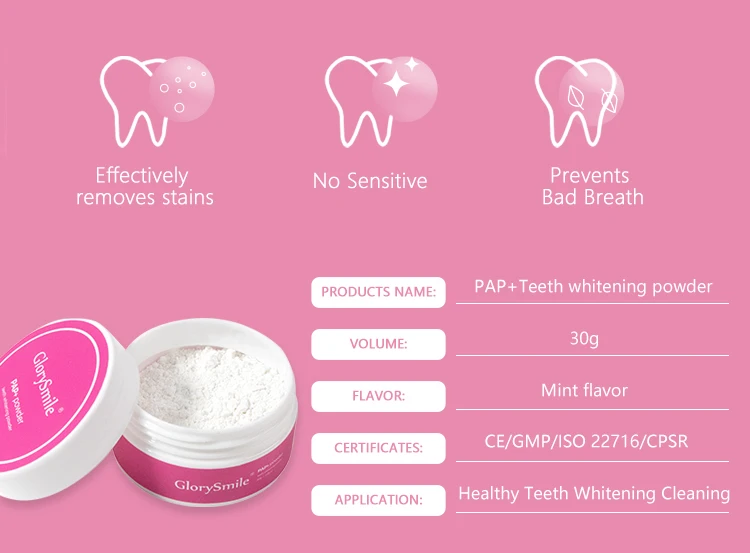 CE Approved Organic White Powder Non Peroxide PAP Teeth Whitening Powder 30g Custom Logo