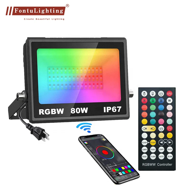 80W RGBCW Flood Light,APP Control Color Led FloodLight,Energy Efficiency 400W,IP67 Waterproof suitable for Garden Landscape etc.