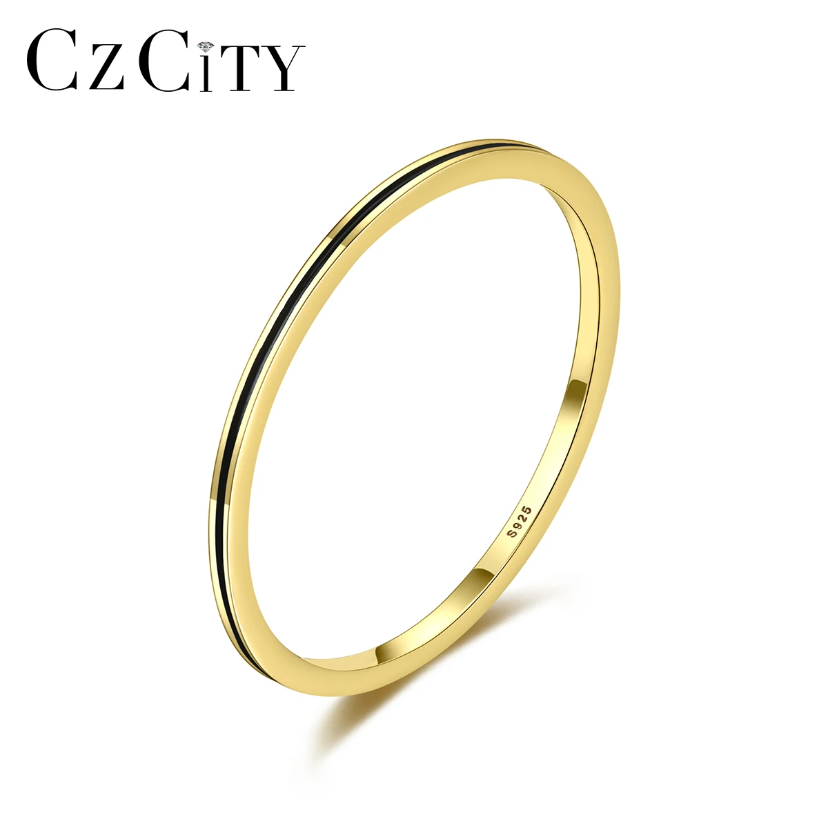 CZCITY Women 14K Gold Plated Women Silver Finger Rings Black Paint Line CZ Engagement Ring