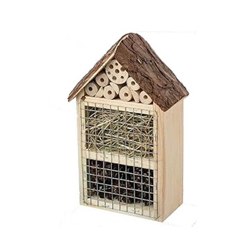 Wholesale Natural Wooden Bee House Insect Hotel Bug Box Bamboo Tubes Wood Bee Hive Habitat Solitary Bee Nesting House Bulk Order