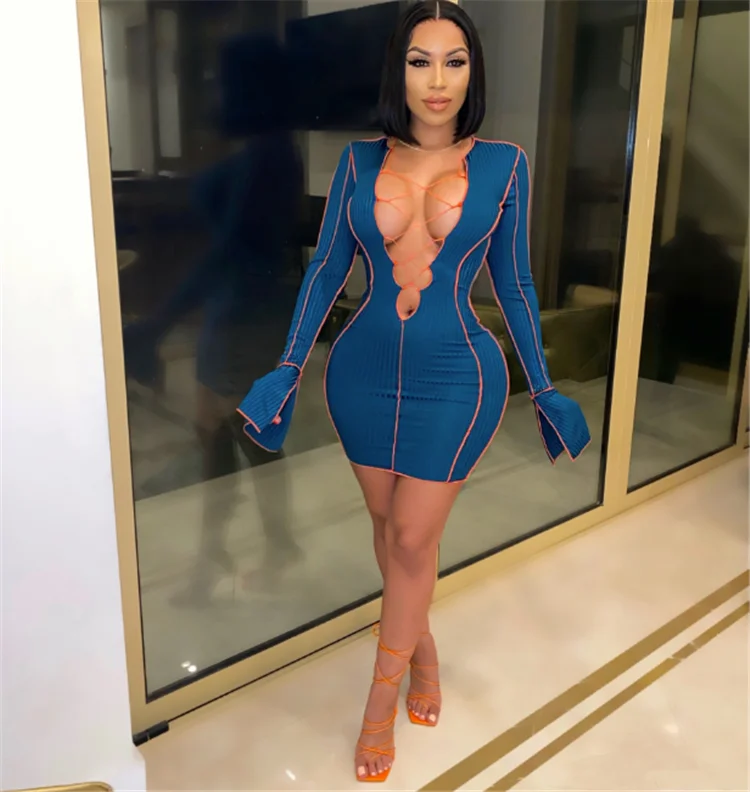 
Fashion Bodycon Dress Bandage Deep V Neck Long Flare Sleeve Sexy Club Wear Autumn Women Dresses 