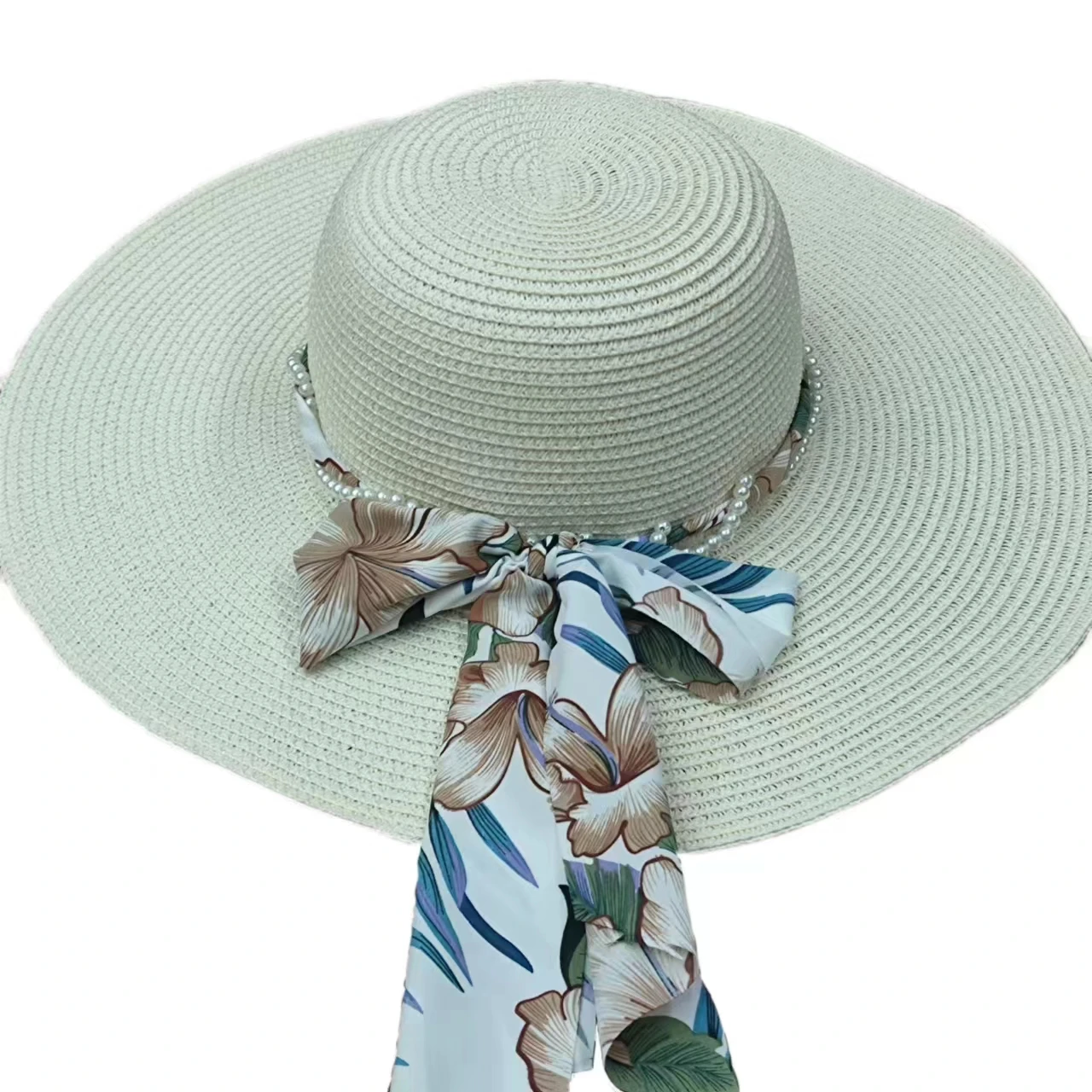 Ruimantike custom chinese design wide brim paper straw hat luxury high quality plain color large brim face cap pearl streamer