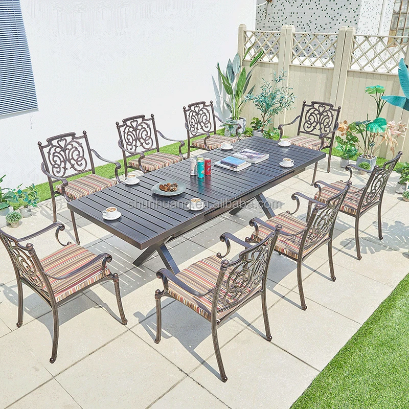 Hot selling outdoor  garden metal chair long table set with side table furniture  patio   iron dining Set for 8 seaters
