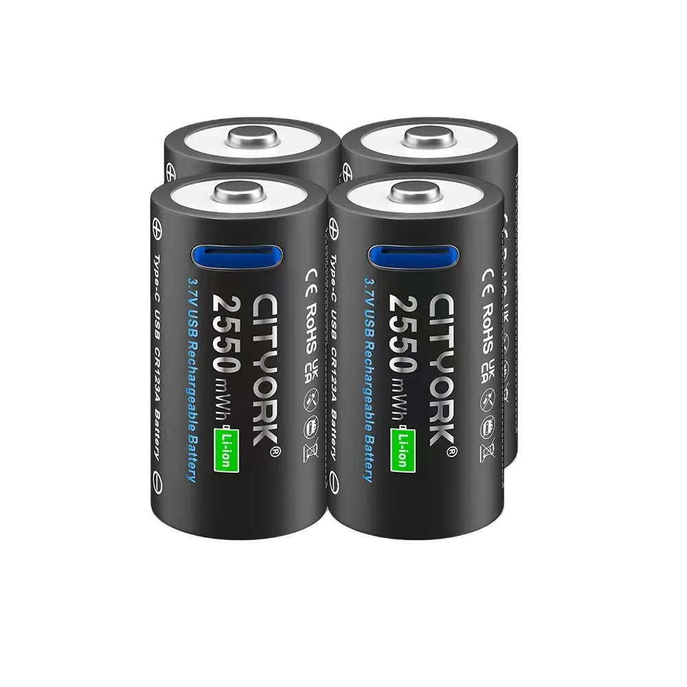 16340 3.7V Lithium battery Type C USB Rechargeable 2550mWh CR123A Batteries USB Charging Li-ion Battery with Type-C Port