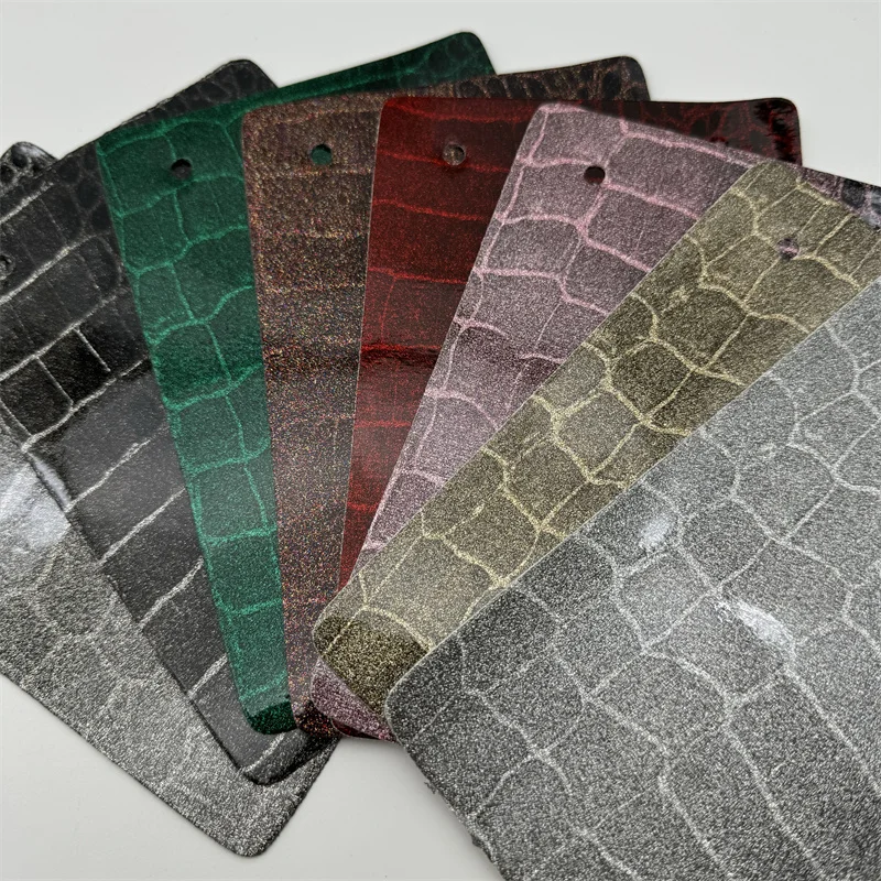 3D glossy leopard embossed PU laser metal film artificial leather fabric is used to make shoe uppers bags DIY  accessories
