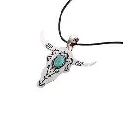 2023 Newest Western Bohemian Jewelry Buffalo Cow Horn Turquoise Bull Skull Necklace