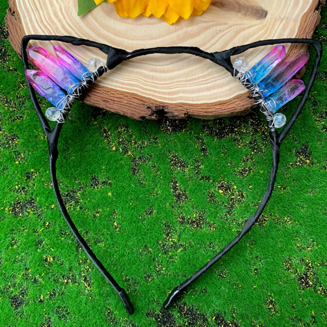 Handmade Animal Cat Ear Natural Crystal Crown Headbands Hair Band
