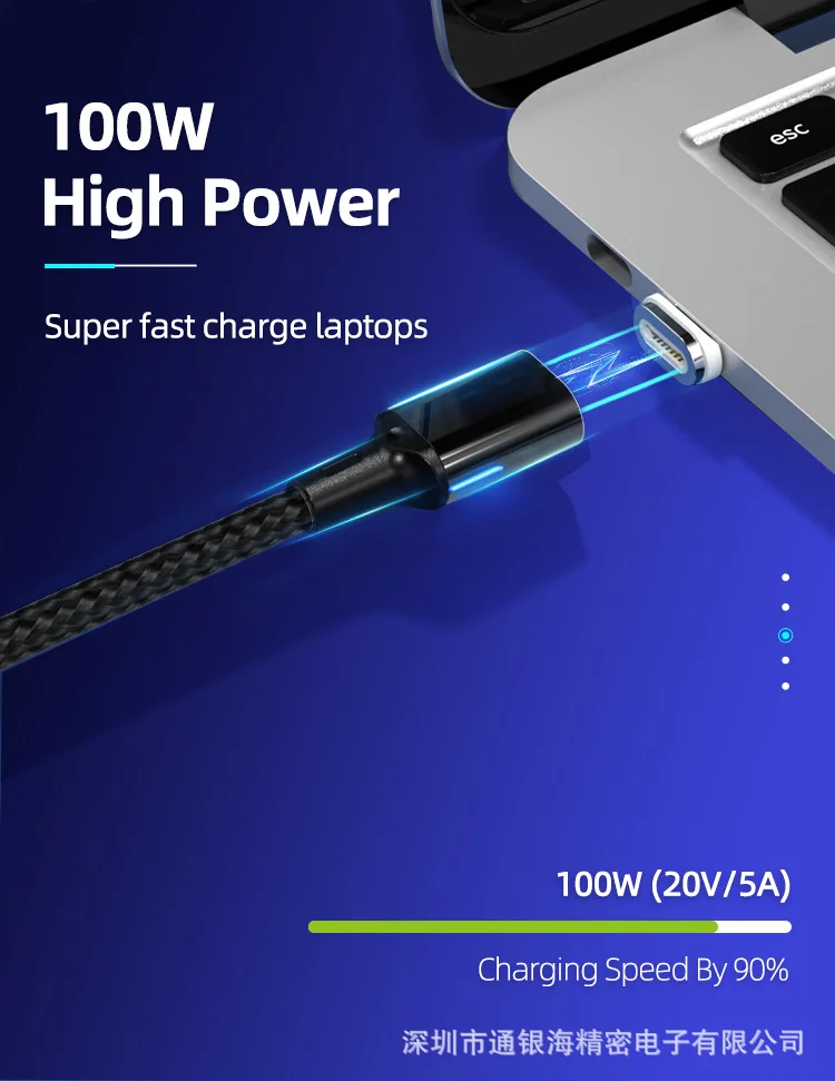 Portable Nylon Braided Cord 5A 100W Fast Charging Reversible Magnetic USB Type C to USB C Cable 1.8m 6FT Adapter for MacBook Pro