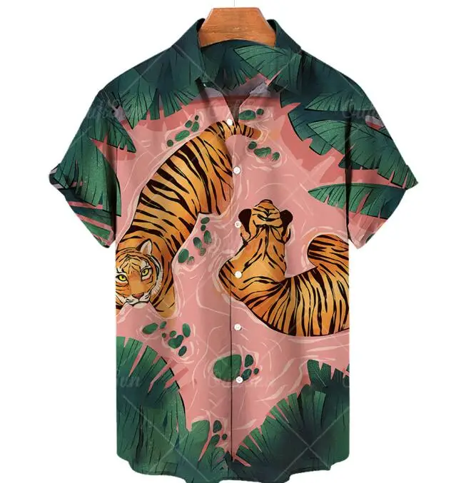 Wholesale 3D Print tiger Pattern Mens Shirts Casual Short Sleeve Summer Holiday Shirts for Men