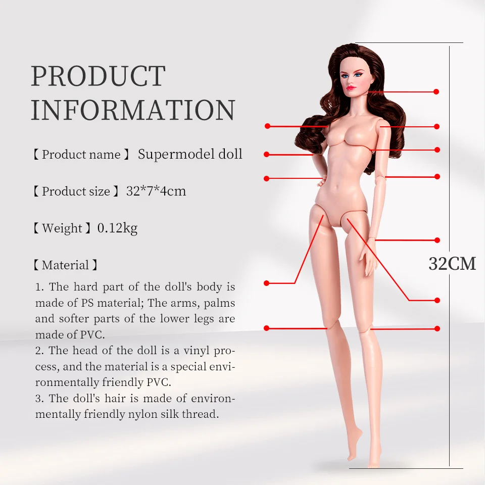 New Arrival 32 cm pink skin supermodel doll toy body with head doll model 12 joint naked baby