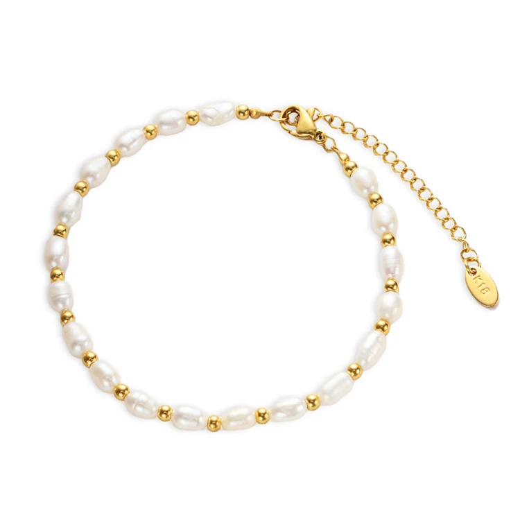 Chris April 316L stainless steel natural freshwater pearls gold beads chain bracelet