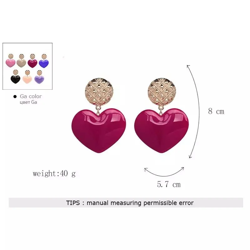 Trendy Vintage Heart Jewelry Big Blue Resin Heart Dangle Drop Earrings Summer Candy Color Heart Resin Earrings