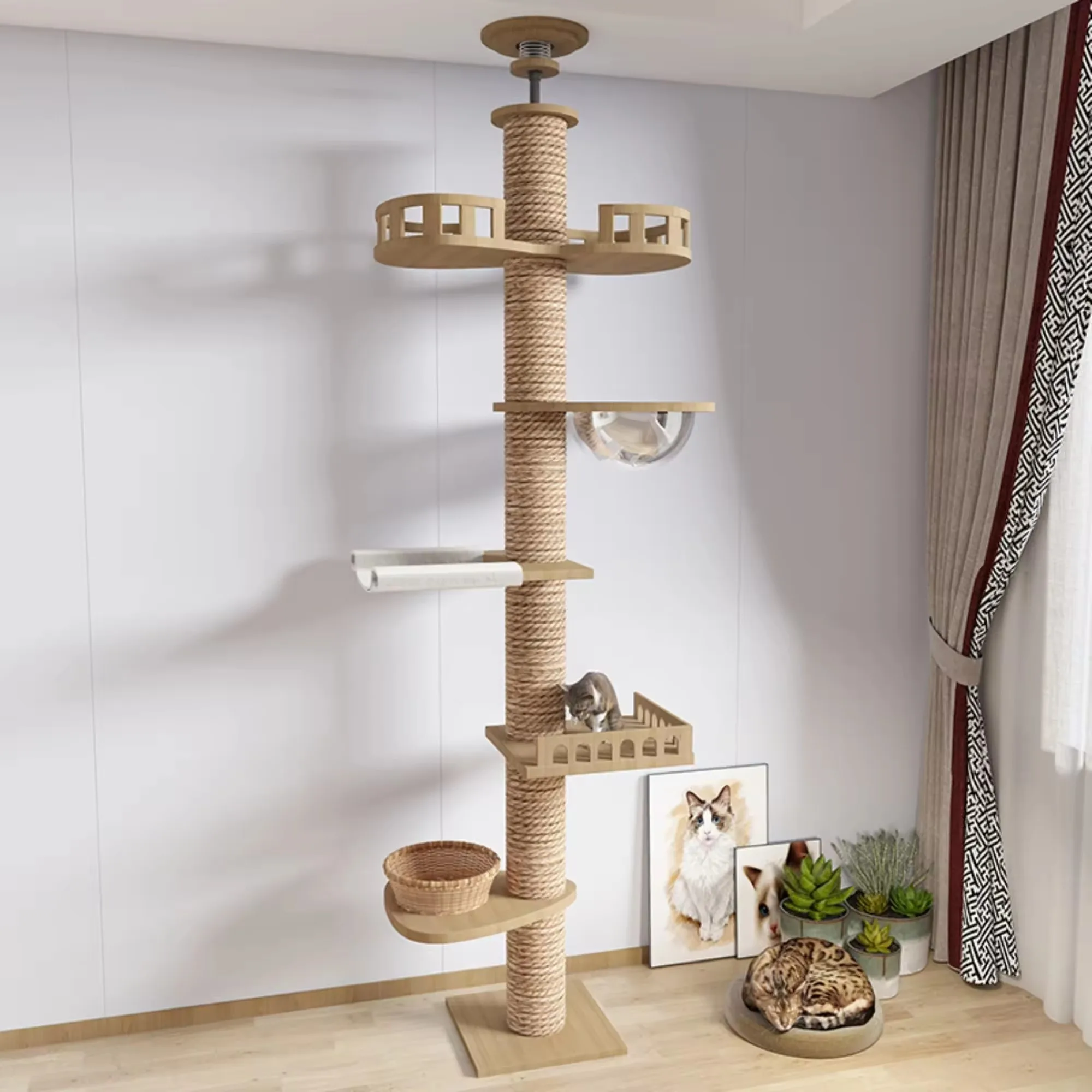 Custom Large Cats Scratch Post Floor to Climbing Ceiling Frame Wood sisal Tree Space Capsule Jumping Platform Cat Ceiling  tower