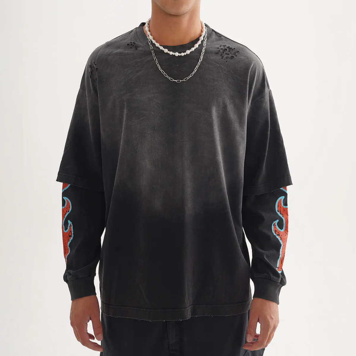 Cracked Graphic Print Tee Shirt Acid Wash Oversized Tshirt Custom Streetwear Clothes Double Layered Long Sleeve T-shirt for Men