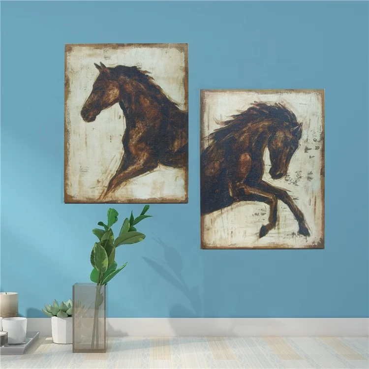 Antique Framed Linen Wall Print Art Picture Horse with wood frame on back